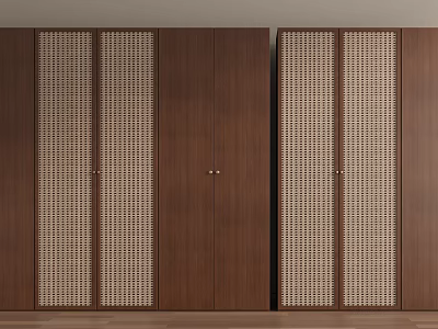 Modern Wooden Wardrobe Design With Woven Panel Doors And Dark Brown Finish 3d model