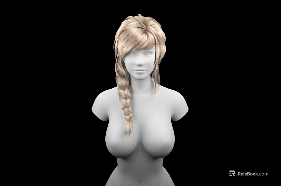 Woman With Long Blonde Braid And Upper Body Against Black Background 3d model 