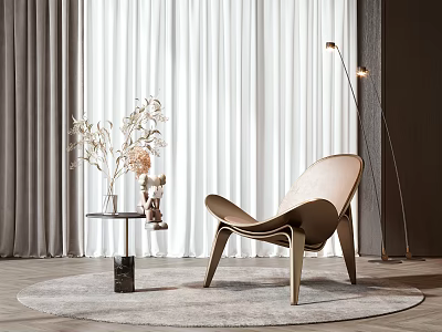 Stylish Elegant Curved Leisure Chair With Floor Lamp Side Table Dried Flowers Curtains And Rug 3d model