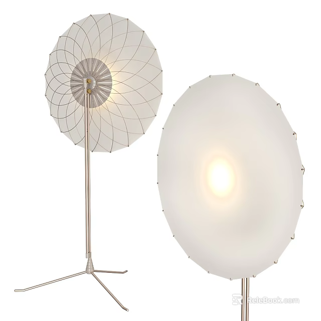 Modern Floor Lamp with Radial Wire Shade Tripod Base and Round White Luminous Shade Design 3d model 