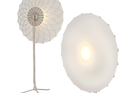 Modern Floor Lamp with Radial Wire Shade Tripod Base and Round White Luminous Shade Design 3d model