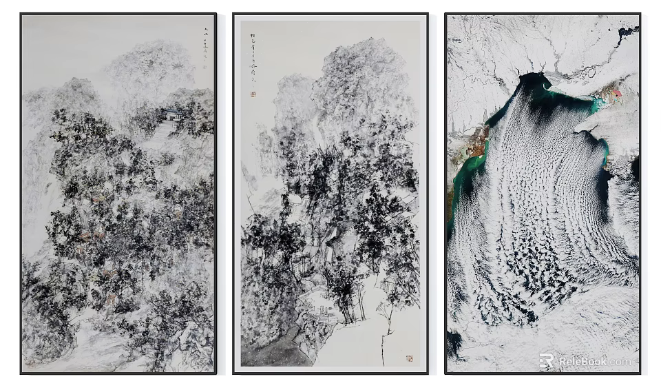 Abstract Ink Style Paintings Series Featuring Mountain Tree And Water Elements 3d model 