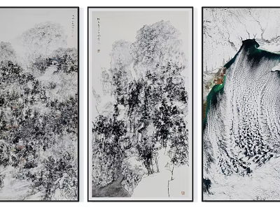 Abstract Ink Style Paintings Series Featuring Mountain Tree And Water Elements 3d model