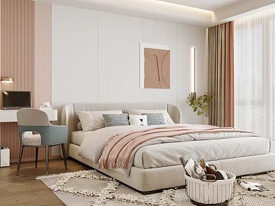 Modern Kids Room Interior Design With Bed Pillows Desk Chair Wall Art And Curtains 3d model