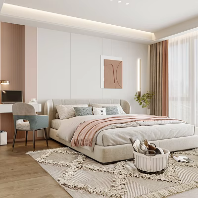 Modern Kids Room Interior Design With Bed Pillows Desk Chair Wall Art And Curtains 3d model