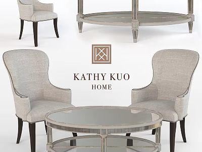 Kathy Kuo Home Light Gray Upholstered Armchairs And Round Glass Top Table Set 3d model
