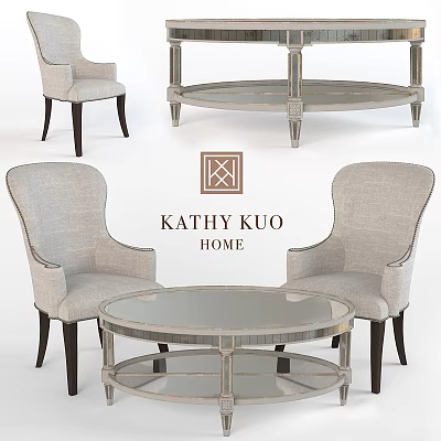 Kathy Kuo Home Light Gray Upholstered Armchairs And Round Glass Top Table Set 3d model