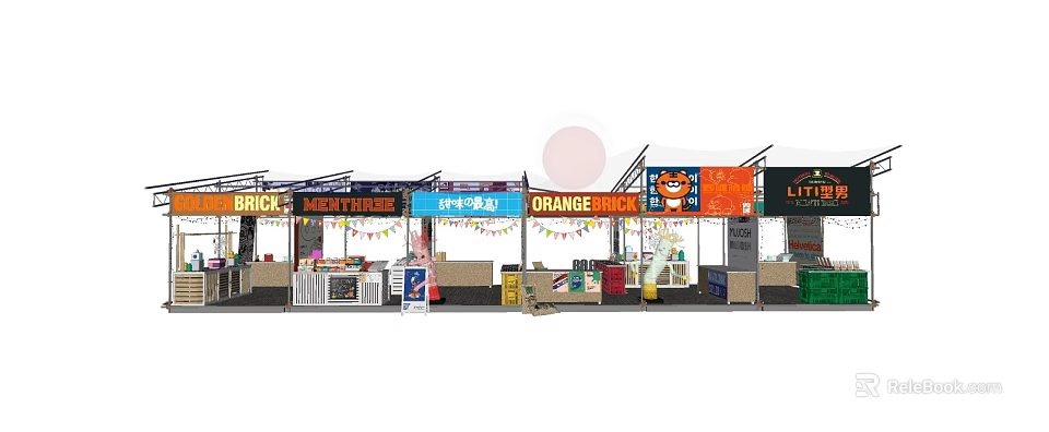 Outdoor Market Stalls Display Diverse Creative Garden Ornaments And Decor 3d model 
