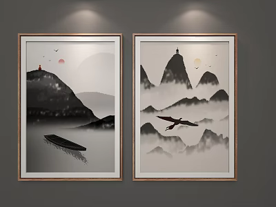 Chinese Landscape Paintings With Mountains Small Boat Flying Birds And Misty Clouds 3d model