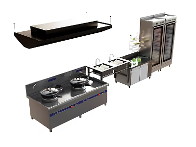 Commercial Kitchen Electrical Appliances With Gas Stove Sink Range Hood And Storage Cabinet 3d model
