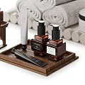 Elegant Bathroom Set With Rolled Towels Wooden Tray Toiletries Bottles Jar And Small Stool