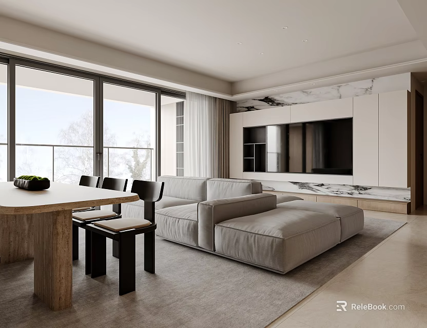 Modern Living and Dining Area With Open Layout Floor to Ceiling Windows and Sofa 3d model 