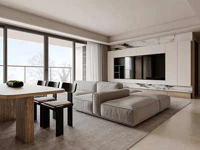 Modern Living and Dining Area With Open Layout Floor to Ceiling Windows and Sofa 3d model