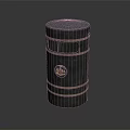 Sturdy Cylindrical Dark Metal Trash Can With Golden Decorative Stripes And Logo