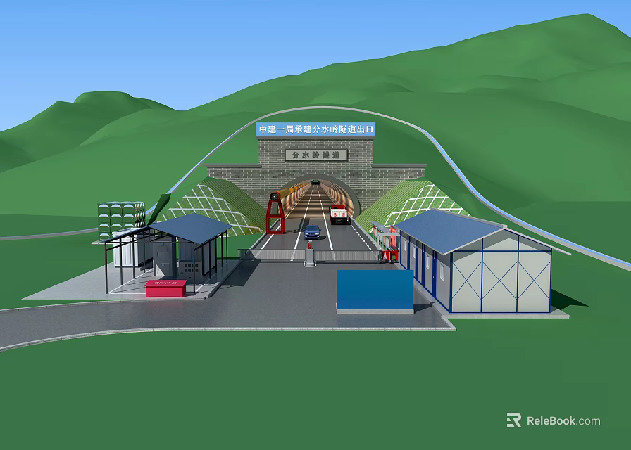 Road Facilities Featuring Tunnel Entrance With Mountain Surroundings And Blue Roof Buildings 3d model 