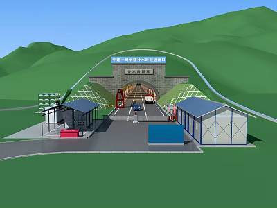 Road Facilities Featuring Tunnel Entrance With Mountain Surroundings And Blue Roof Buildings 3d model