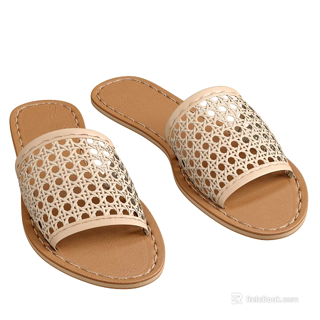Beige Perforated Open Toe Slippers with Brown Leather Sole and Casual Design 3d model 