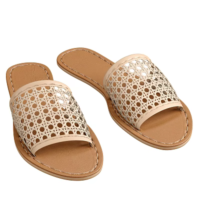 Beige Perforated Open Toe Slippers with Brown Leather Sole and Casual Design 3d model