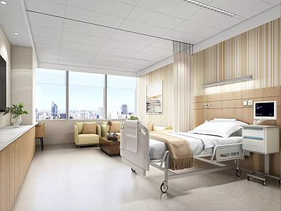 Modern Hospital Ward Interior with Comfortable Bed Medical Equipment City View Window and Sofa Seating 3d model