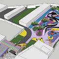 Colorful Kids Playground Area With Slide Trees And Lawn Surrounding Buildings