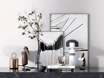 Decorative Ornament Set With Green Plant Branches Framed Art Sculptures And Books On Marble Countertop 3d model