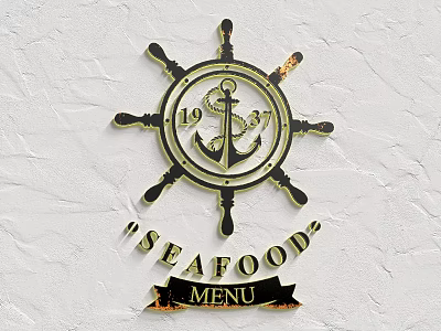 Vintage Nautical Wall Decor with Steering Wheel Anchor and Seafood Menu 1937 3d model