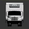 White Box Truck With Long Cargo Container And Blue Wheels On Dark Surface