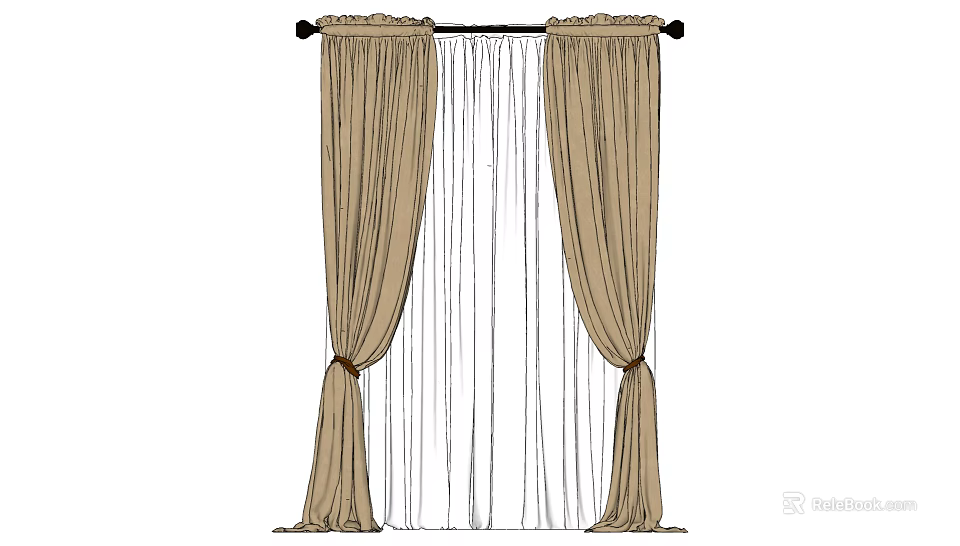 Beige Curtains With Sheer Inner Layer Ruffled Top And Tiebacks For Home Decoration 3d model 