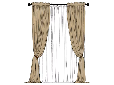 Beige Curtains With Sheer Inner Layer Ruffled Top And Tiebacks For Home Decoration 3d model