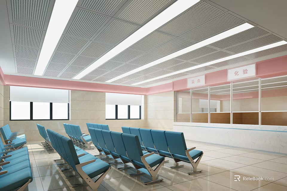 Hospital Outpatient Clinic Waiting Area With Blue Chairs Ceiling Lights And Windows 3d model 