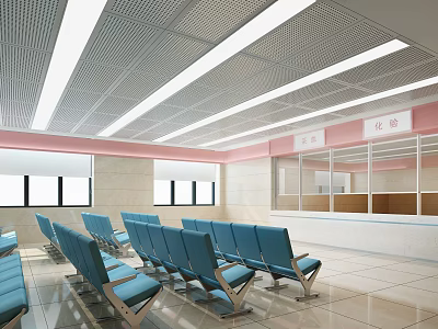 Hospital Outpatient Clinic Waiting Area With Blue Chairs Ceiling Lights And Windows 3d model
