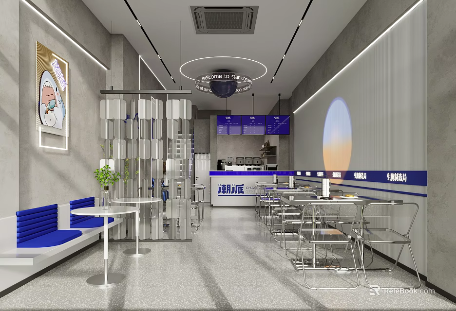 Modern Bubble Tea Shop Interior With Blue Booths Transparent Partitions Neon Signs And Stainless Steel Tables 3d model 