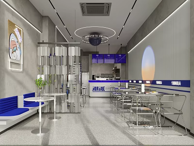 Modern Bubble Tea Shop Interior With Blue Booths Transparent Partitions Neon Signs And Stainless Steel Tables 3d model