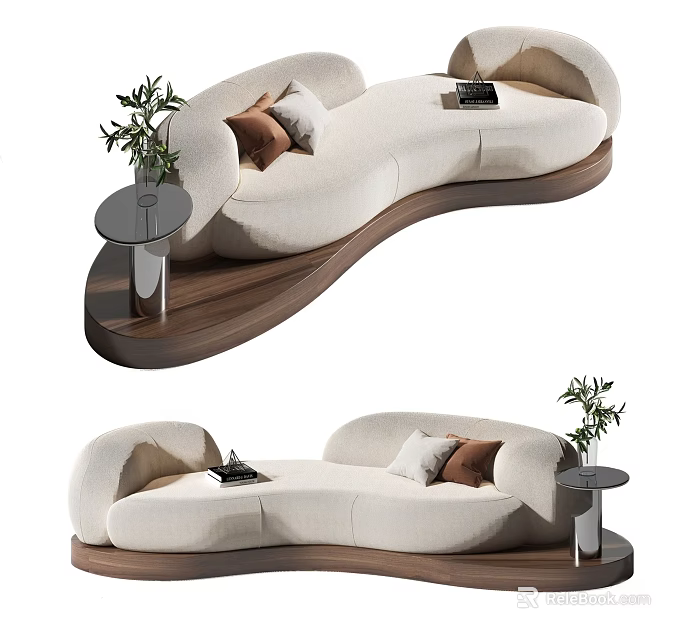Modern Cream Curved Sectional Sofa With Decorative Pillows And Side Table Plant 3d model 