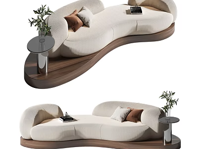 Modern Cream Curved Sectional Sofa With Decorative Pillows And Side Table Plant 3d model