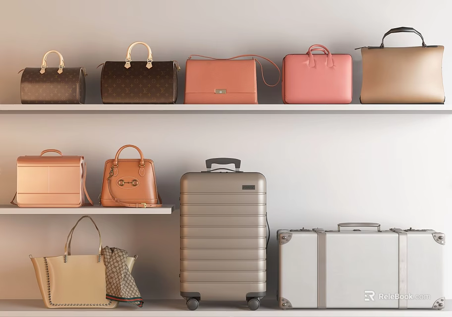 Organized Stylish Handbags And Suitcases Display On Shelves With Various Colors 3d model 