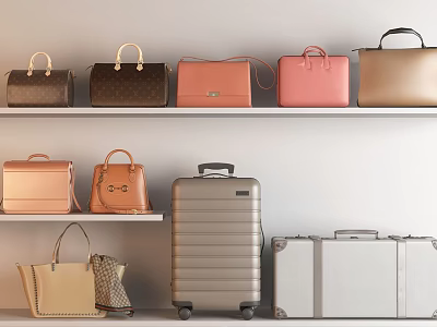 Organized Stylish Handbags And Suitcases Display On Shelves With Various Colors 3d model
