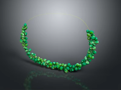 Green Beaded Necklace With Various Size Beads Curved Design On Dark Background With Reflection 3d model
