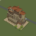 Modern Residential Building With Balconies Arched Design Greenery Fountain People Walking And Mountain View
