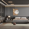 Modern Gray Bedroom Interior Design With Artwork Headboard Plants Lighting And Rug