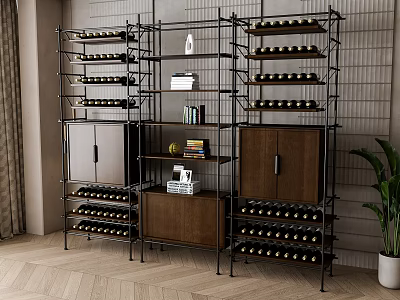 Modern Wine Rack Design With Metal Frame Multi tiered Shelves Wooden Cabinet And Wine Bottles 3d model