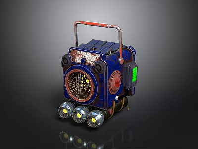 Blue Wheeled Mechanical Weapon With Red Handle Circular Components And Worn Texture 3d model