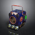 Blue Wheeled Mechanical Weapon With Red Handle Circular Components And Worn Texture 3d model