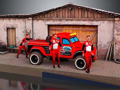 Stylish Game Movie Characters in Red Uniform with Classic Red Truck near Garage Building 3d model