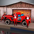 Stylish Game Movie Characters in Red Uniform with Classic Red Truck near Garage Building