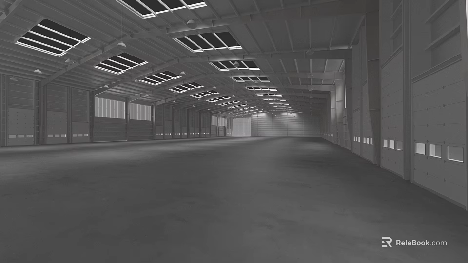 Industrial Warehouse Spacious Interior With Skylights On Roof And Concrete Floor 3d model 