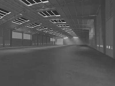 Industrial Warehouse Spacious Interior With Skylights On Roof And Concrete Floor 3d model