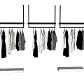 Multiple Hanging Clothes Racks With Various Clothes And Rectangular Shelves Below 3d model
