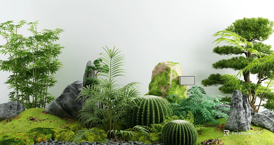 Lush Courtyard Garden Featuring Bamboo Rocks Cactus Ferns and Moss Covered Stones 3d model 