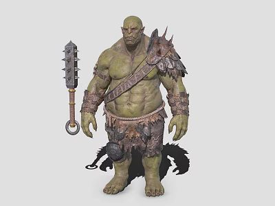 Game Fantasy Orc Character With Green Skinned Muscular Build Spiked Weapon And Horned Leather Armor 3d model